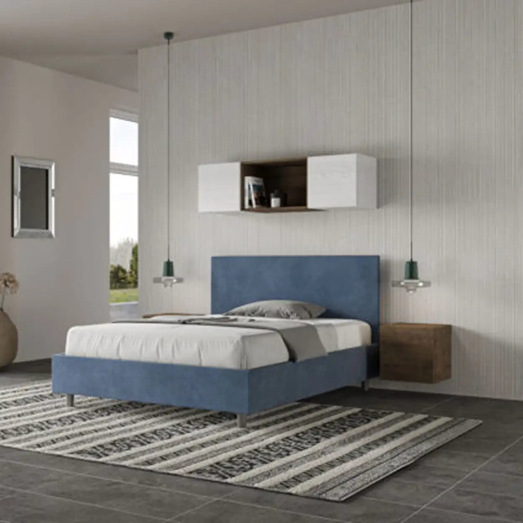 Letto matrimoniale francese contenitore imbottito 140x190 microfibra blu Adele