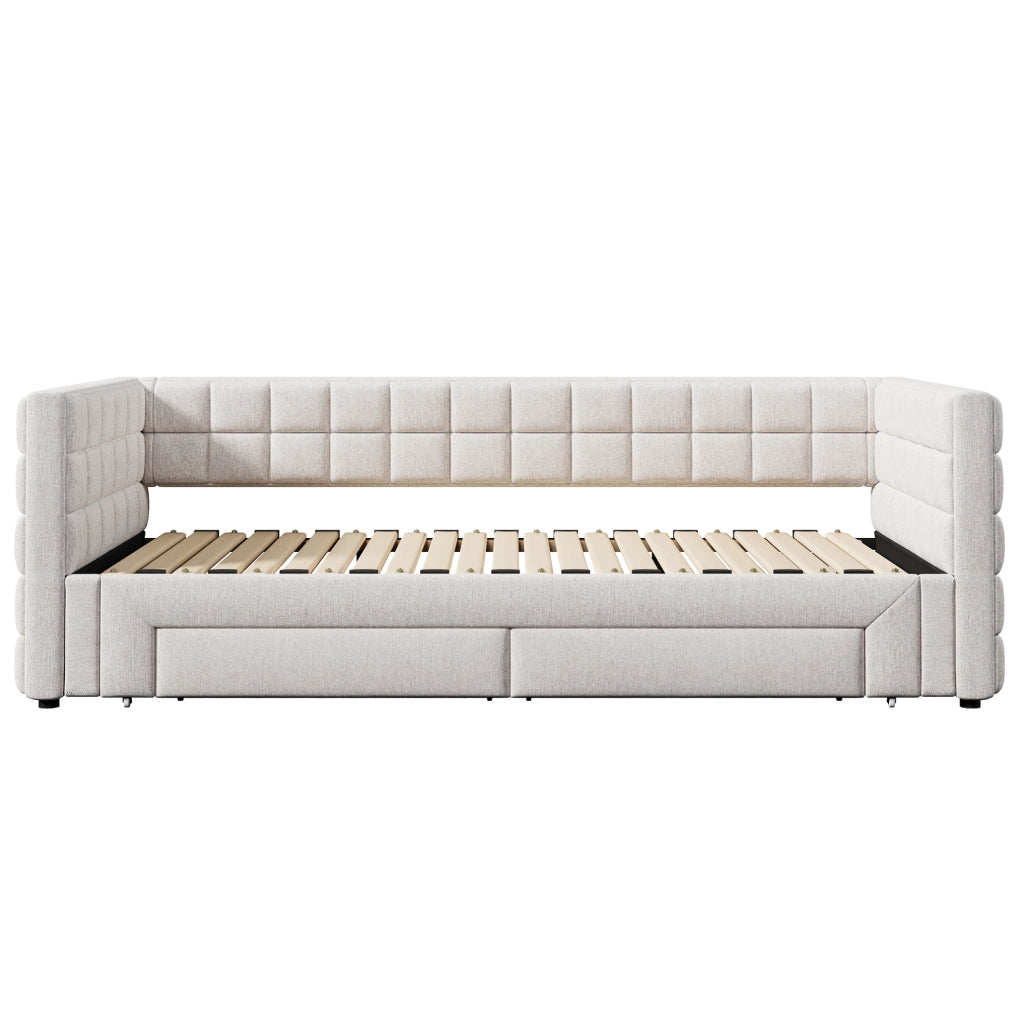 Daybed trasformabile in velluto beige con 2 cassetti 90x200 cm