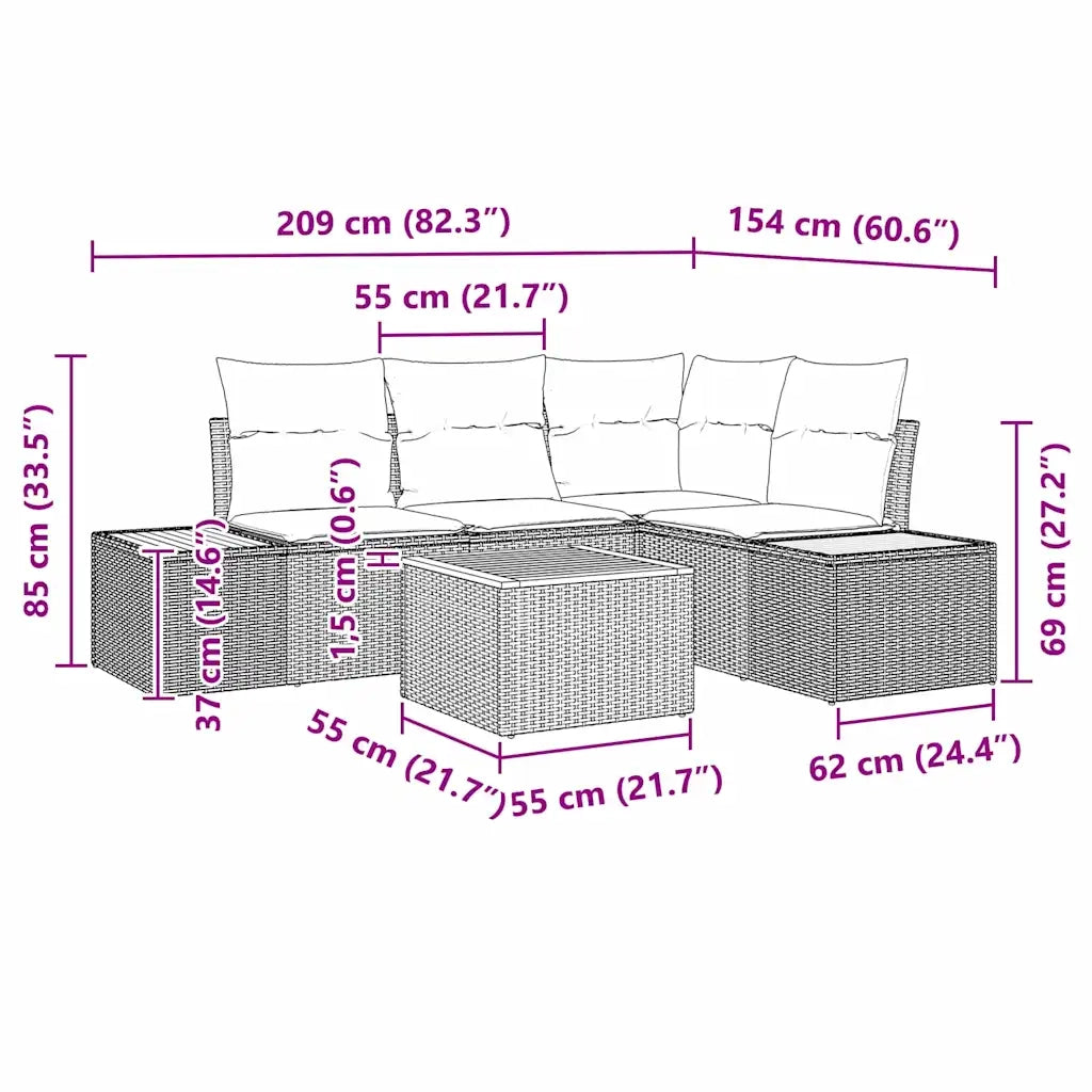 Set Divano da Giardino con cuscino 5 pcs Nero Poly Rattan 3348078