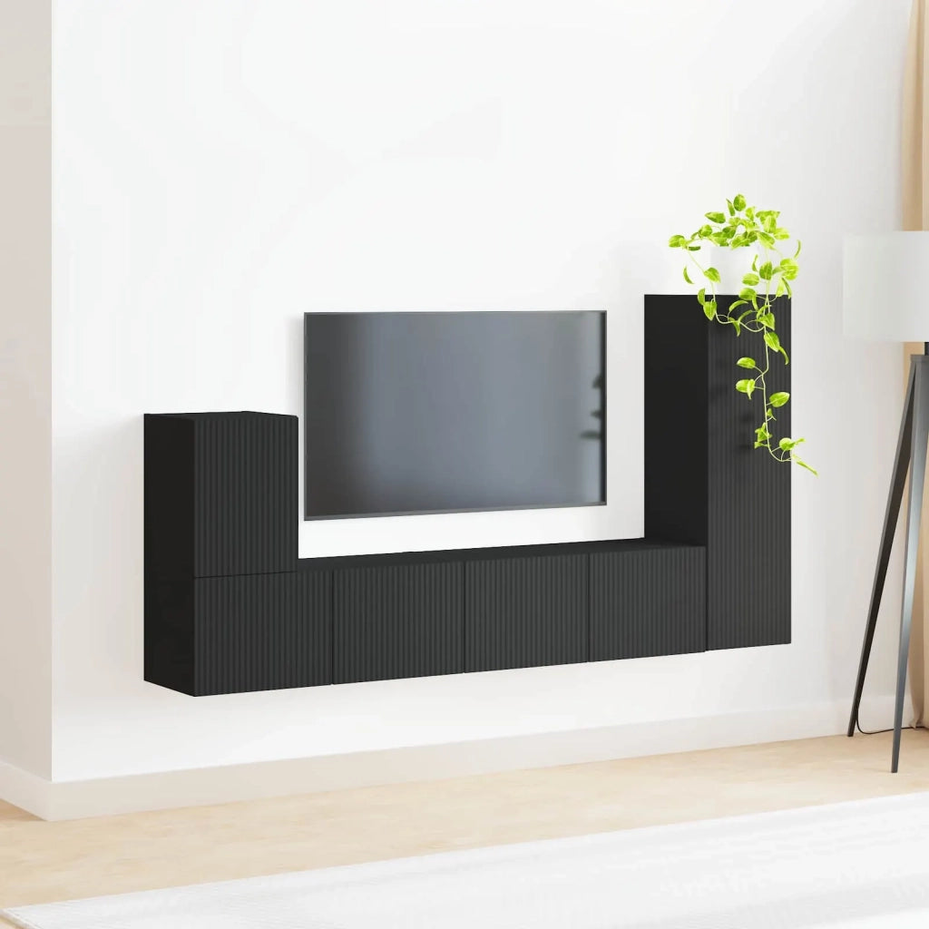 Set mobile TV Montaggio a parete 3 pcs Nero Legno multistrato