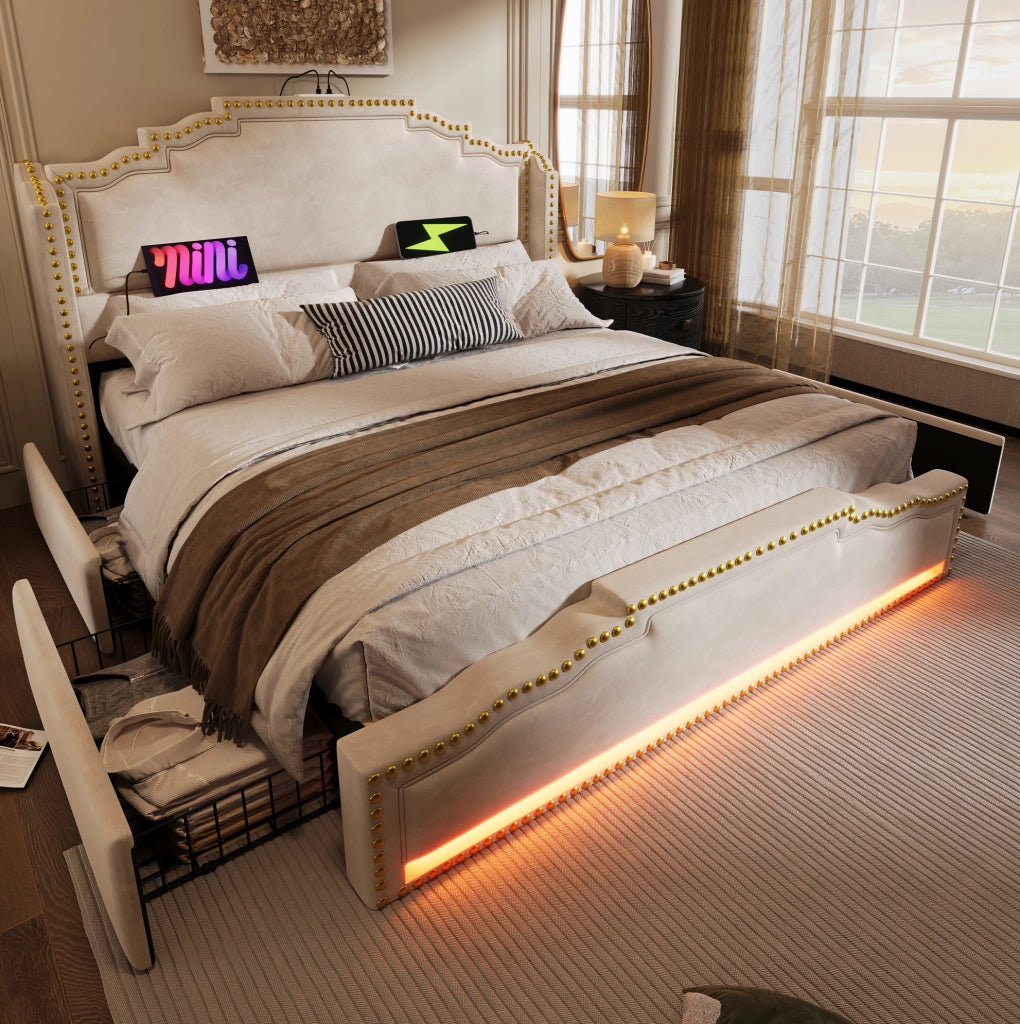 Letto 140x200 cm con 4 cassetti, LED, USB e USB-C in velluto beige