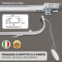 Binario Scorritenda da Parete in Alluminio Bianco, Curve Sporgenti 22cm, Movimento a Corda, Apertura Sinistra CM lunghezza 320cm