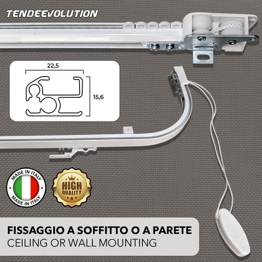Binario Scorritenda da Soffitto in Alluminio Bianco, Curve Sporgenti 22cm, Movimento a Corda, Apertura Destra CM lunghezza 280cm