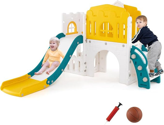 Scivolo per Bambini 9 in 1, Set da Gioco con Canestro da Basket, Telescopio, Volante, Corridoio, Tunnel e Spazio di Archiviazione, Scivolo da Interno ed Esterno per 1+ Anni (Giallo+Verde)