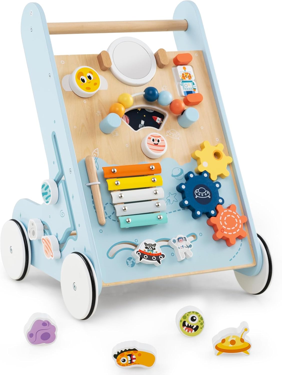 Carrellino Primi Passi 8 in 1, Girello in Legno per Bambini, Giocattolo Montessori, Centro Attività di Apprendimento a Spinta, Giocattolo a Spinta per Bambini di 1+ Anni (Blu)