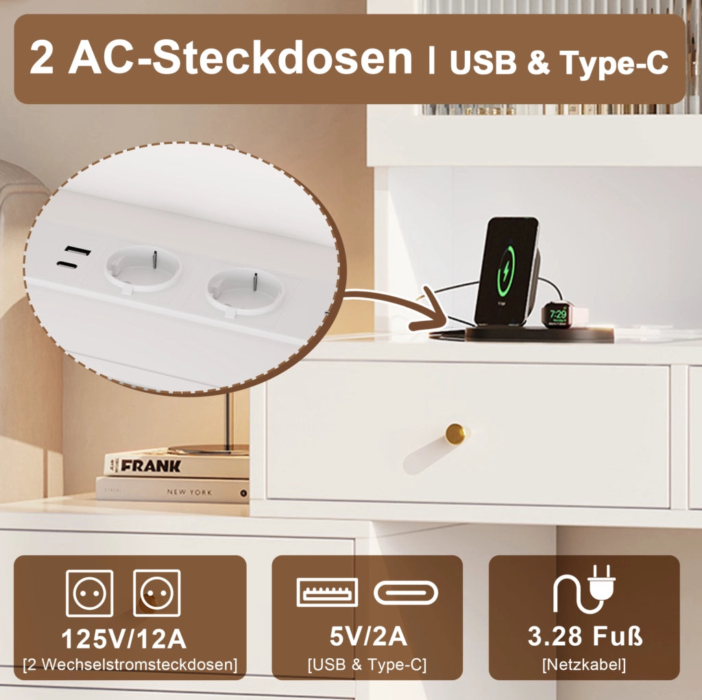 Tavolo trucco con specchio LED, porte USB e Type-C, 2 prese e ampio spazio
