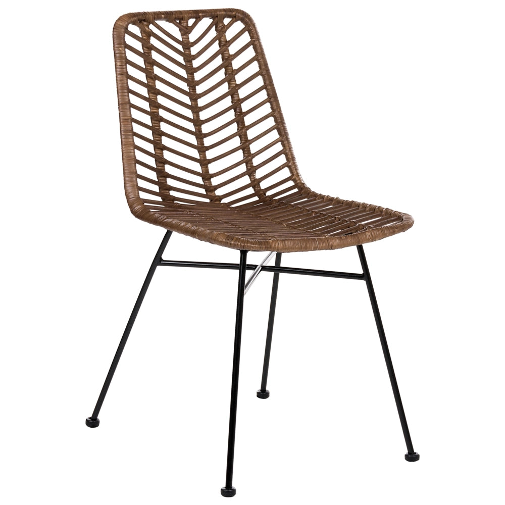 Set di 2 sedie in rattan marrone con seduta e schienale in vimini, senza braccioli, gambe in ferro, design industriale boho