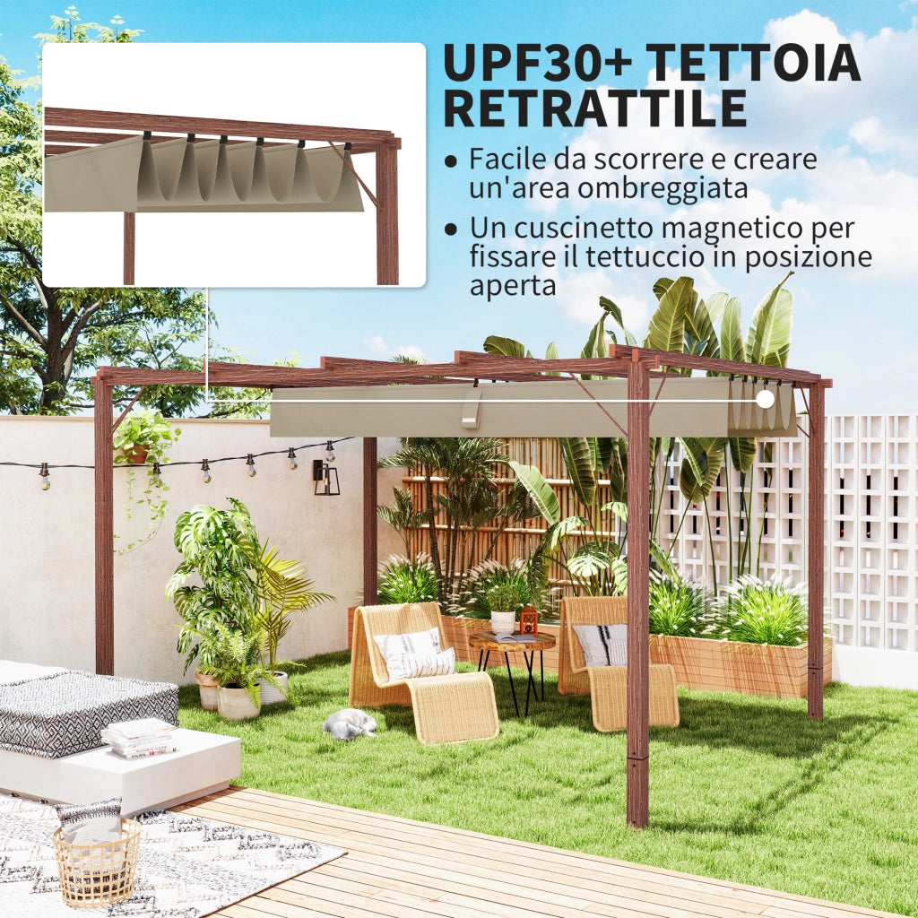 Gazebo Pergola con Tetto Retrattile ¨C zephmum ¨C Poliestere Alluminio 382x300x232 cm Legno