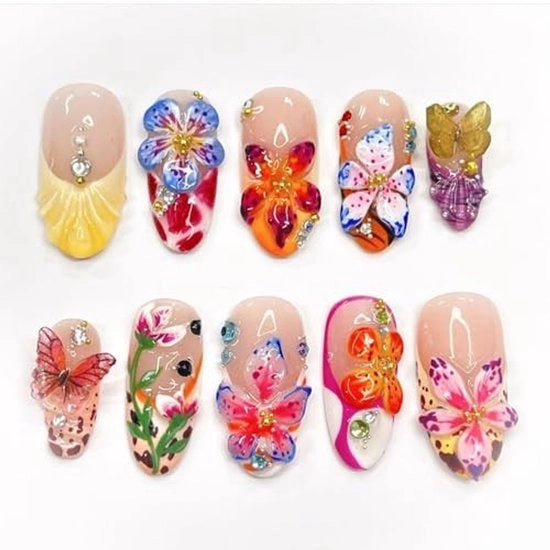 24 pezzi di unghie da applicare con pressione 3D fiori tropicali con fiori farfalla