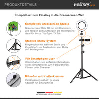 Walimex Set green screen per studio fotografico, sfondo verde, treppiedi, ring light, microfono per foto e video, incl accessori