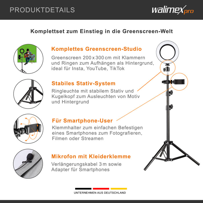Walimex Set green screen per studio fotografico, sfondo verde, treppiedi, ring light, microfono per foto e video, incl accessori