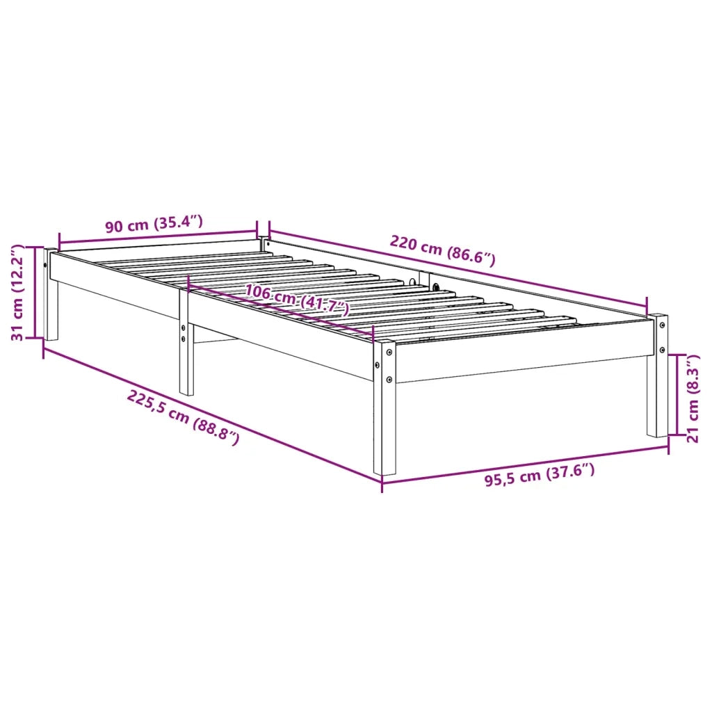 Letto Extra Lungo senza Materasso 90x220 cm in Legno di Pino
