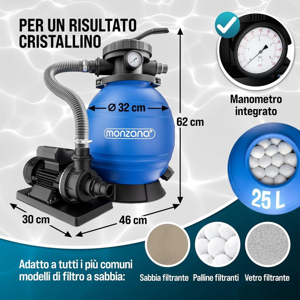 Pompa Filtro Piscina 10.200 L/h a 7 Vie 450W Serbatoio da 20kg Misuratore Ph e Cloro