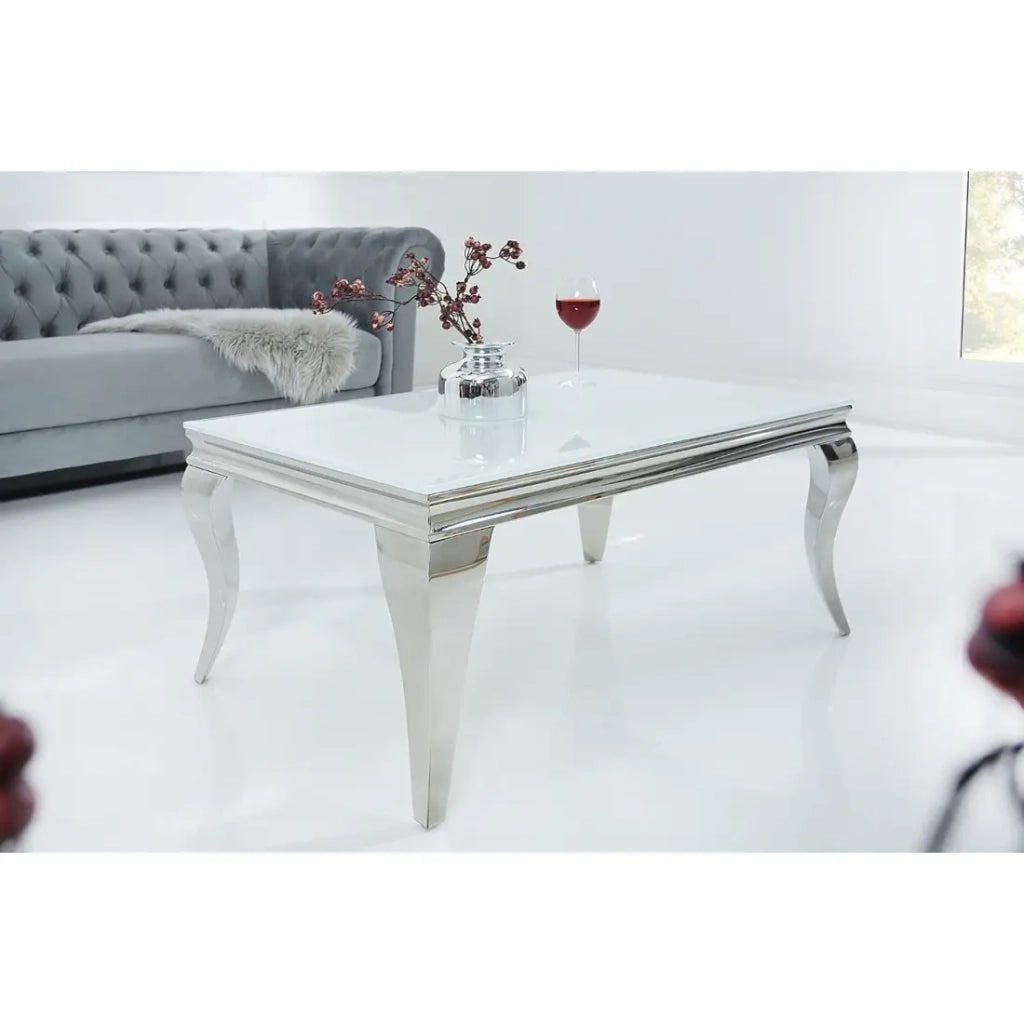 Table bassa VELENA 100 cm argentata con vetro temperato opaco – Gambe curve in stile barocco
