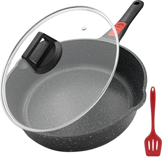 Piatto da biscotti 28 cm con coperchio, rivestimento antiaderente, altezza interna 7,5 cm, padella inductive con maniglia rimovibile, adatta a tutti i tipi di piastra, resistente a forno e lavastoviglie.