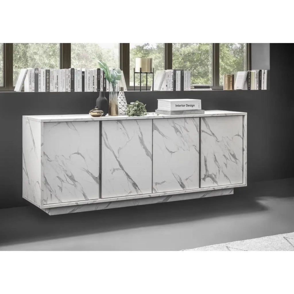 Buffet a 4 ante, collezione COLOMARMO, colore bianco effetto marmo, ideale per un soggiorno o una sala da pranzo di design.
