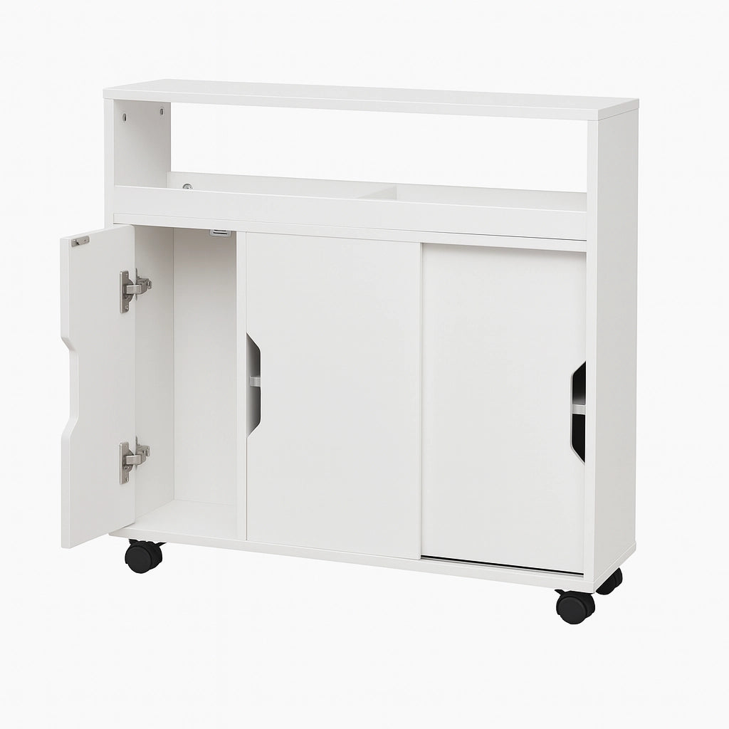 Carrello Portaoggetti Salvaspazio in Legno Bianco con 3Ante e 4Ruote Slim