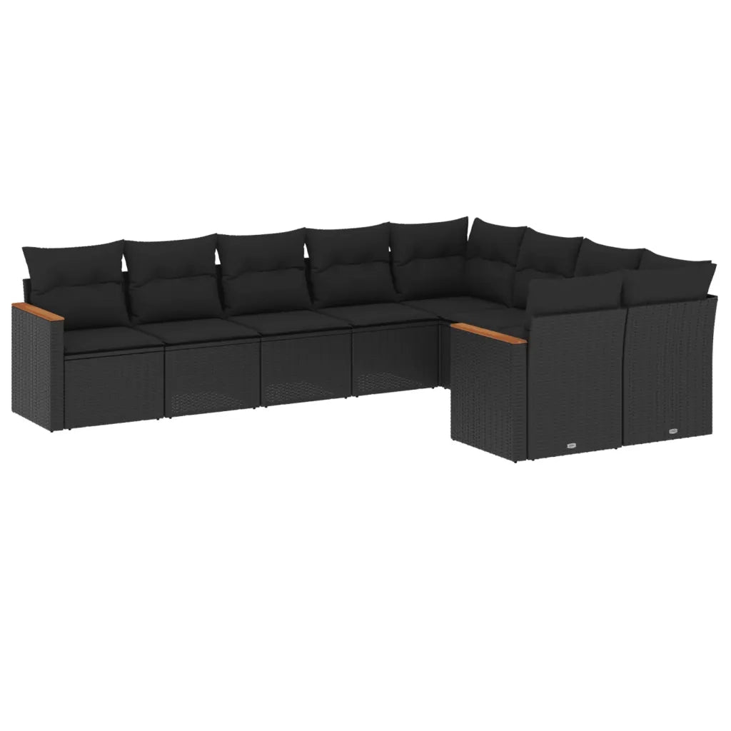 Set Divani da Giardino 9 pz con Cuscini Nero in Polyrattan