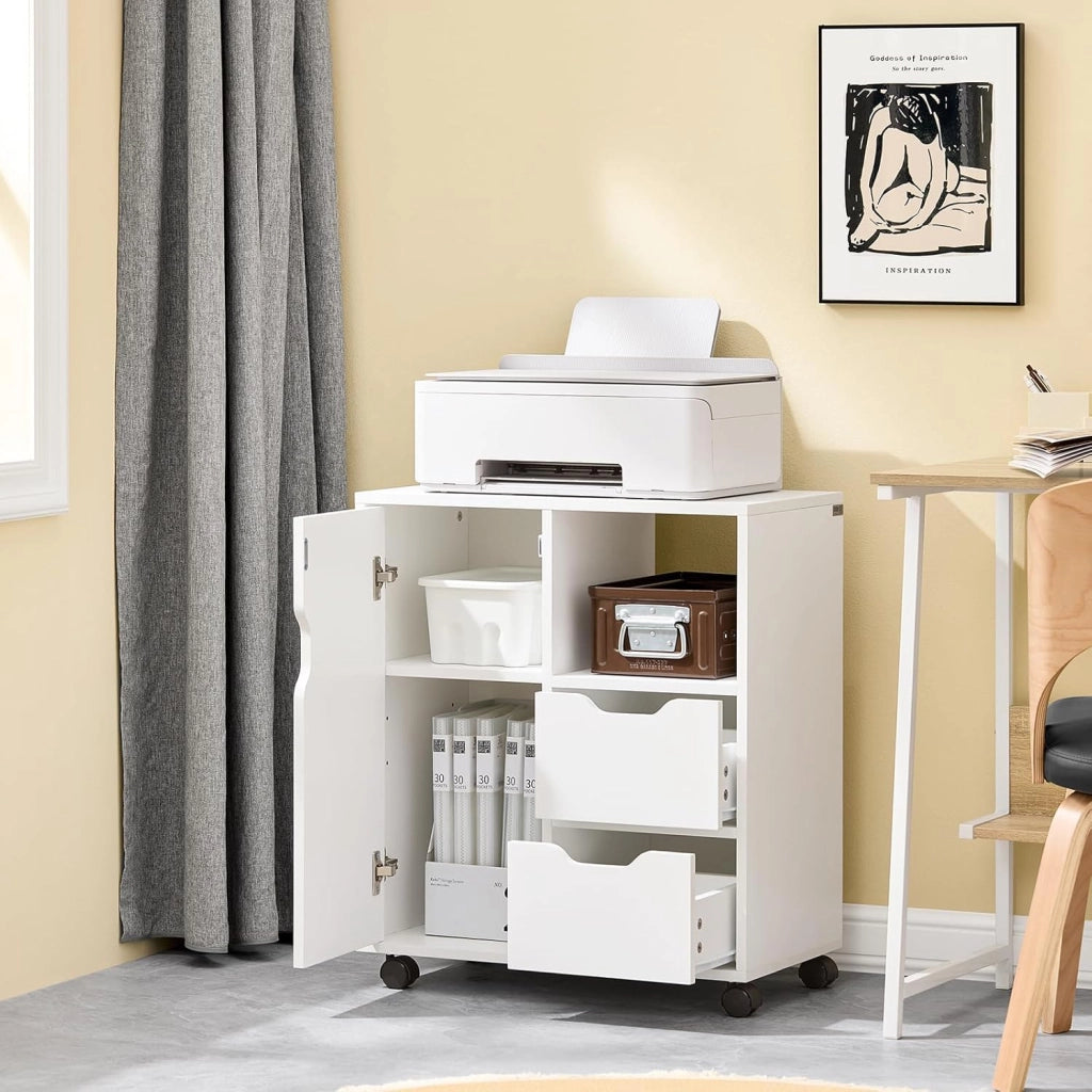Cassettiera da Scrivania Ufficio su Ruote Cassettiera Ufficio con 2 Cassetti, 1 Anta e 1 Ripiano Aperto Carrello Tavolino Comodino Piccolo Comodino Bianco L60xP35xA70cm FBT105-W