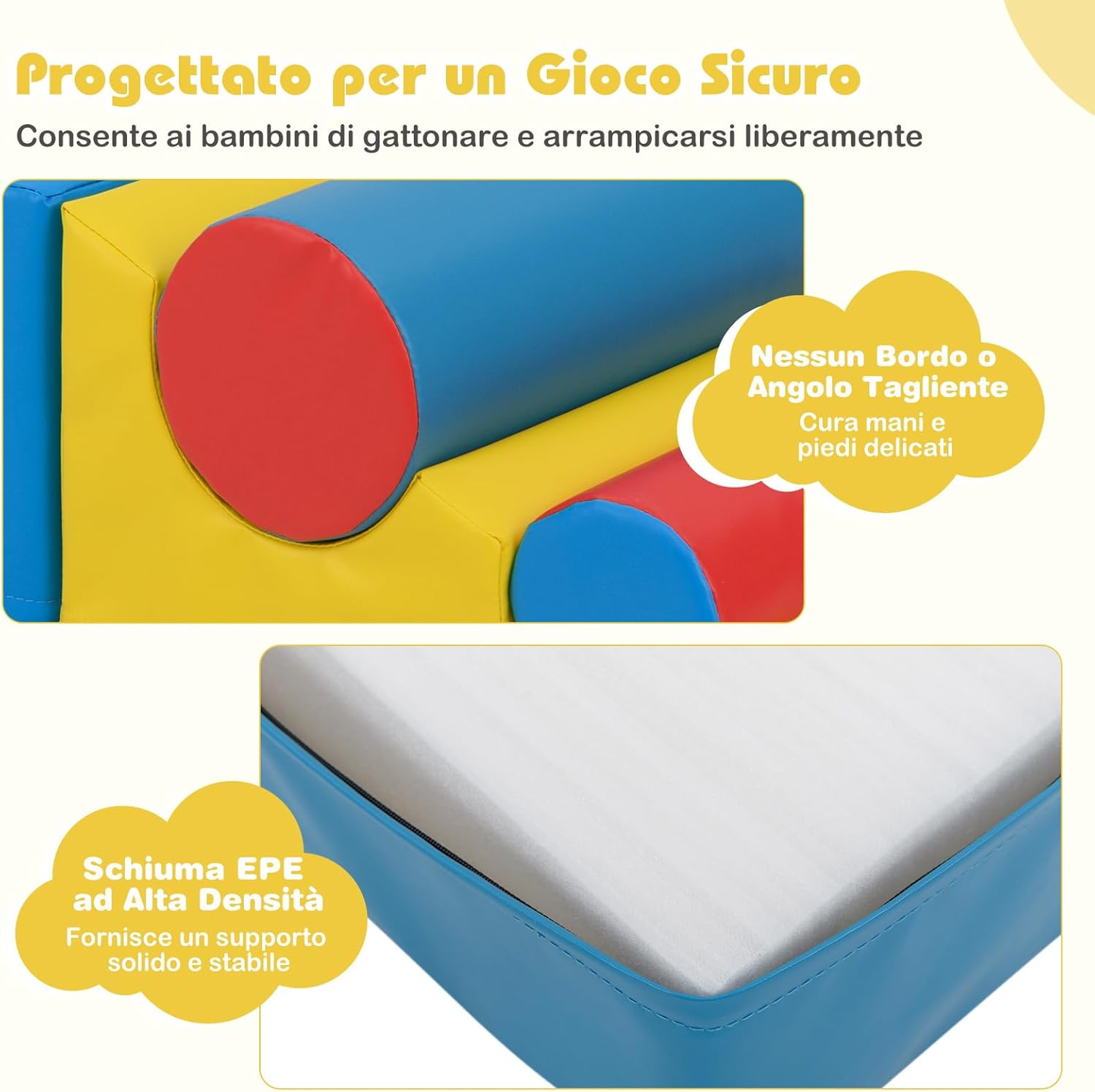 Set di Blocchi da Arrampicata in Schiuma per Bambini, Set di 7 Pezzi per Gioco Morbido con Chiusure a Strappo per Gattonare, Gioco Attivo, Sviluppo Motorio e Sensorialei