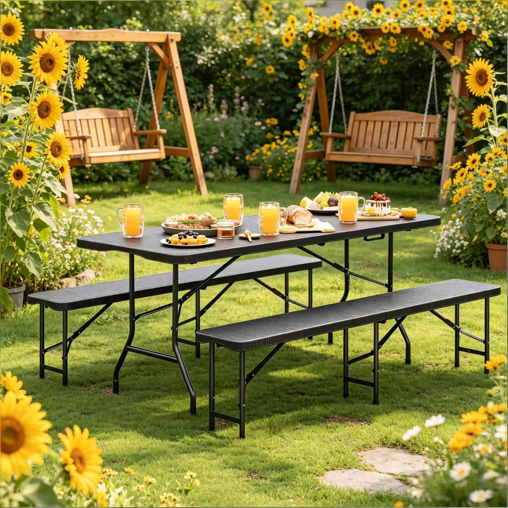 SET DA GIARDINO PIEGHEVOLE 180x74x70 cm HDPE NERO per 8-10 persone