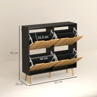 Mobile Portascarpe Stretto con 4 Cassetti Ribaltabili e Ripiani Regolabili per 16 Paia 95x26x95 cm Naturale e Nero