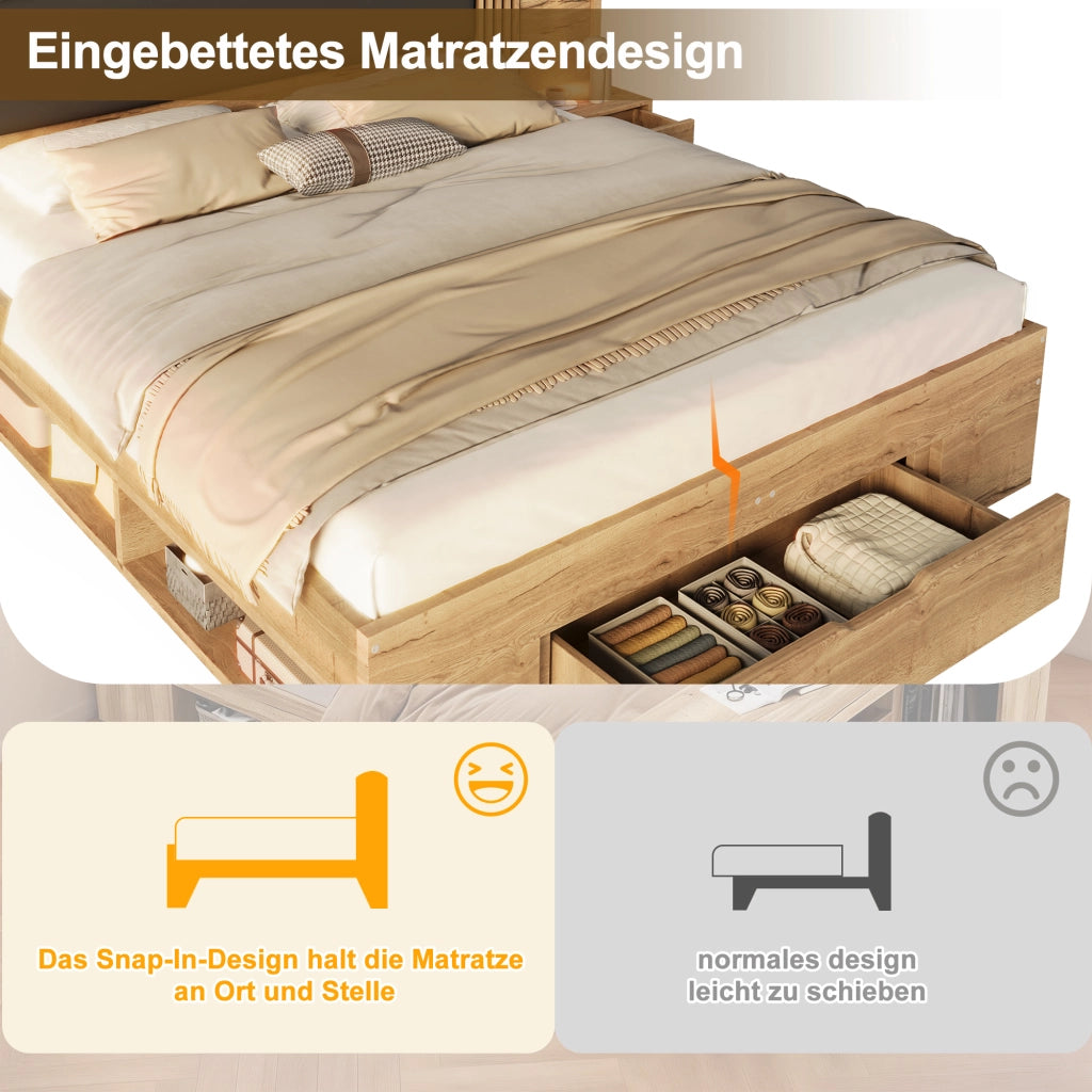 Letto matrimoniale 160*200cm letto rimontabile letto in legno letto per giovani con lampada da lettura con 2 comodini con cassetti colore naturale