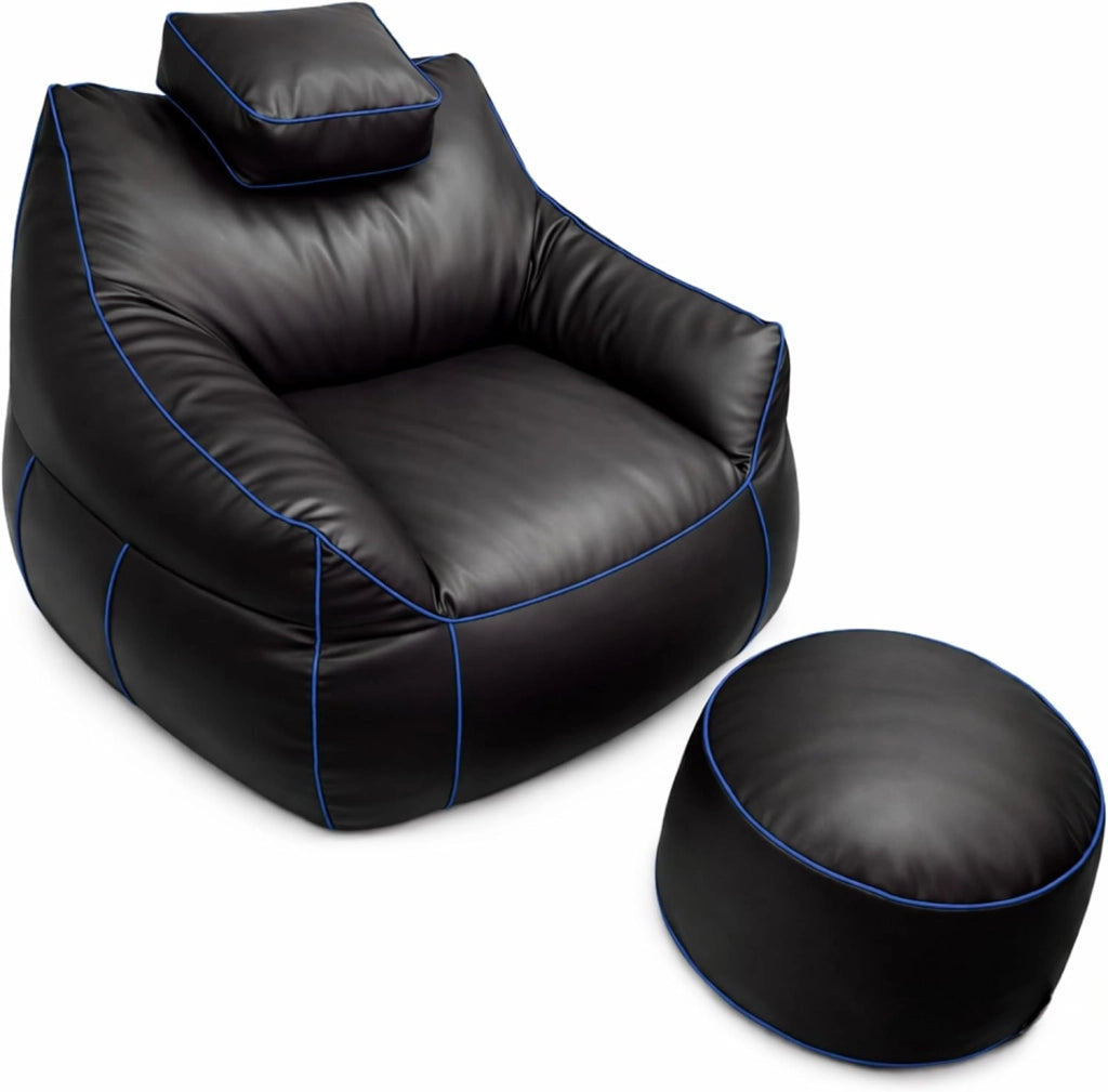 Set Pouf Poltrona Gaming XXL + Pouf rotondo - Comfort per relax e gaming - Poggiatesta regolabile, 2 tasche - Per divano, soggiorno e postazione gaming (110×100×90 cm, Rosso)