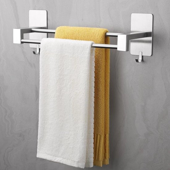 Sostegno asciugamano senza forare - Acciaio inossidabile - Adesivo autoattacco - Bagno cucina - 44 cm - Doppia staffa asciugamano