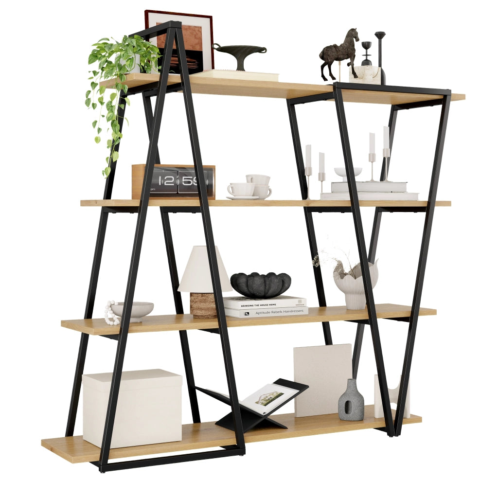 Libreria geometrica da terra 158×35×166 cm con struttura in metallo e ripiani in MDF 25 mm, colore nero/marrone