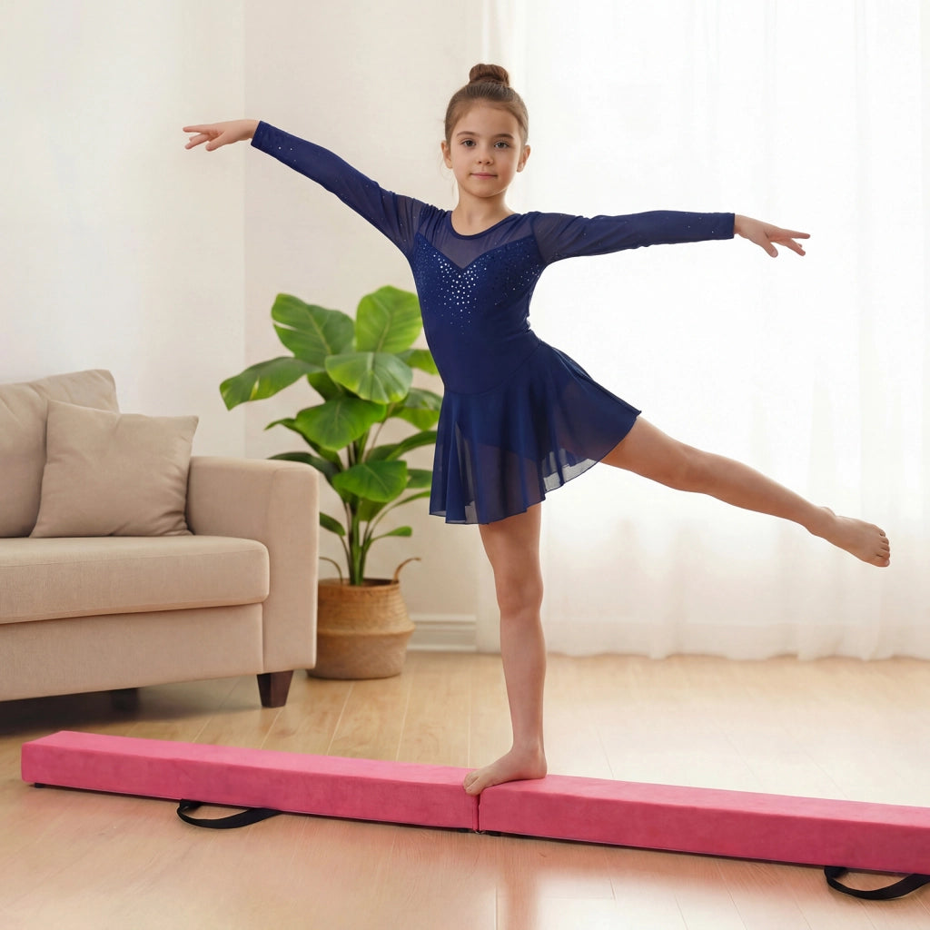 Trave da ginnastica pieghevole 210 cm con solida base di legno, Trave di equilibrio portatile con maniglie Rosa scuro