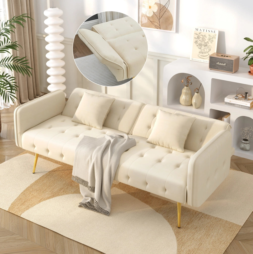 Divano letto a 2 posti convertibile 215x81;5 cm in velluto beige con schienale regolabile