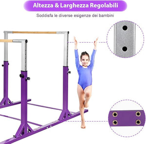 Parallele Doppie per Ginnastica, Sbarre Orizzontali Doppie con Larghezza Regolabile e 11 Altezze, capacità di Carico di 100 kg, Sbarre di Allenamento per Bambini 6-12 Anni