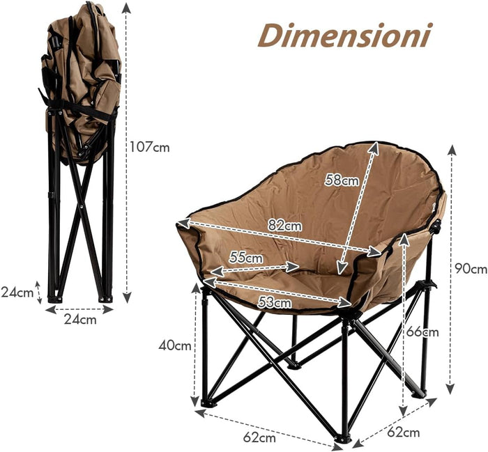 Sedia da Campeggio Pieghevole, Sedia Imbottita con Porta Bicchiere, per Campeggio Pesca Giardino Cortile Spiaggia, Struttura in Ferro (Marrone)