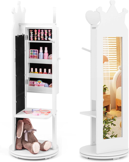 Armadio Portagioie per Bambini 36 x 36 x 112cm, Specchio da Terra a Forma di Corona con Ganci, Ripiani e Base Girevole, Toeletta per Cameretta (Bianco)