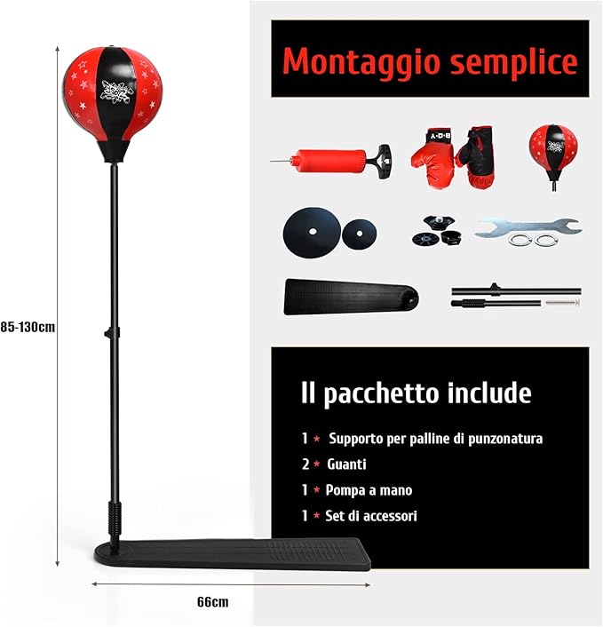 Punching Ball per Bambini e Adulti, Pungiball con Guanti e Pompa Manuale, Sacco da Boxe da Terra Altezza Regolabile 85-130cm