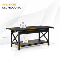 Tavolino da Salotto 2 Livelli, Tavolino da caffè Industriale con Struttura in Metallo a Forma di X, Tavolino Rettangolare per Soggiorno, Studio e Ufficio, 60 x 110 x 48 cm (Nero)
