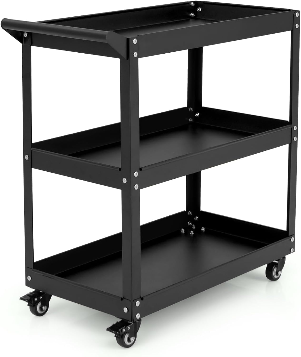 Carrello Portautensili a 3 Livelli, Carrello Metallico Resistente con 3 Ripiani, 4 Ruote Universali con 2 Freni, per Garage, Casa, Magazzino, 73 x 36 x 75 cm (Nero)