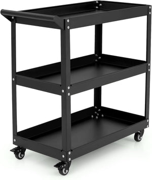 Carrello Portautensili a 3 Livelli, Carrello Metallico Resistente con 3 Ripiani, 4 Ruote Universali con 2 Freni, per Garage, Casa, Magazzino, 73 x 36 x 75 cm (Nero)