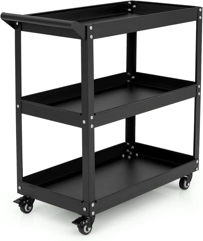 Carrello Portautensili a 3 Livelli, Carrello Metallico Resistente con 3 Ripiani, 4 Ruote Universali con 2 Freni, per Garage, Casa, Magazzino, 73 x 36 x 75 cm (Nero)