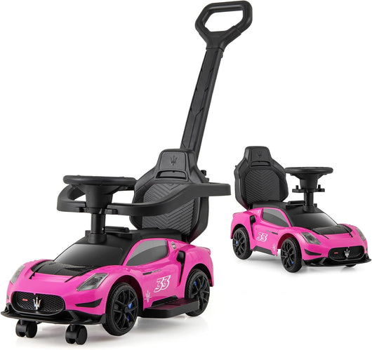 3 in 1 Maserati Auto da Spinta, Auto Scorrevole con 2 Ruote Universali Volante Musicale Paracolpi e Manubrio, Macchina Cavalcabile con Ripostiglio per Bambini 18-60 Mesi (Rosa)