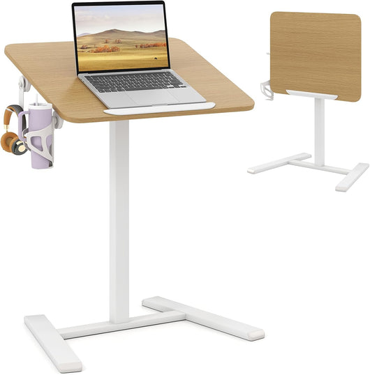 Tavolino regolabile in altezza, scrivania mobile con piano inclinabile di 90°, scrivania per computer con ruote nascoste, tavolo per computer portatile con gancio e portabicchieri, tavolo da