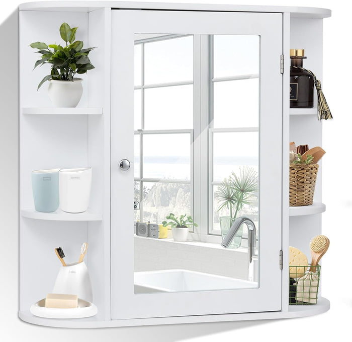 Mobile da Bagno 66 x 17 x 63cm, Armadietto da parete con Specchio, Ante e Mensola Regolabile, Armadietto Moderno e Multiuso, Bianco