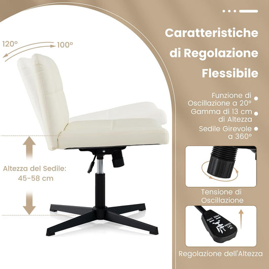 Sedia da Ufficio a Gambe Incrociate, Sedia Scrivania con Seduta a U Spaziosa, Sedia Girevole per Casa e Ufficio, senza Ruote e Braccioli, Altezza Regolabile, Portata 150 kg (Beige)