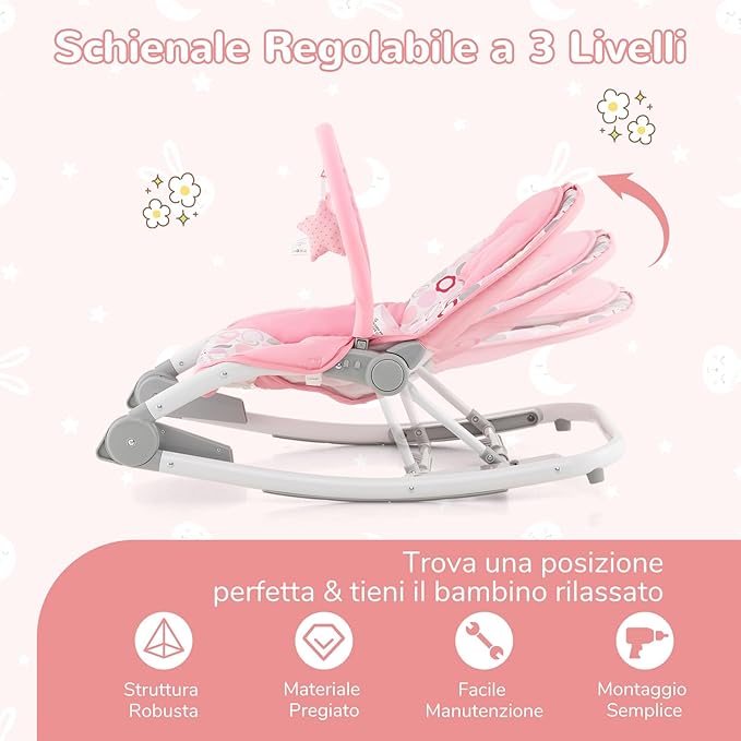 2-in-1 Sdraietta per Bambini, Sdraietta per Neonati Portatile con Schienale Regolabile a 3 Livelli, Sdraietta Pieghevole con Giocattoli, con Cintura di Sicurezza, per Bambini 0-6 Mesi (Rosa)