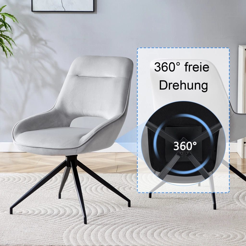 SEDIA DA PRANZO Girevole 360° Set da 2 pezzi Velluto Grigio Chiaro Metallo Nero