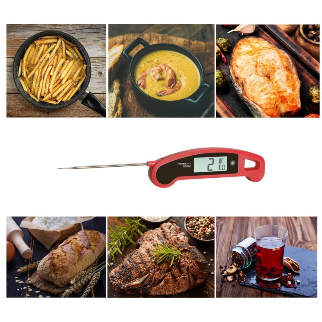 TFA 30.1060.05 Thermo Jack Termometro Digitale da Cucina Pieghevole con Sonda in Acciaio Inox Misurazione Rapida in 3-4 Secondi Precisione ±0,5°C da -40 a +250°C Retroilluminazione Display Orientabile Lavabile sotto Acqua Corrente colore Rosso
