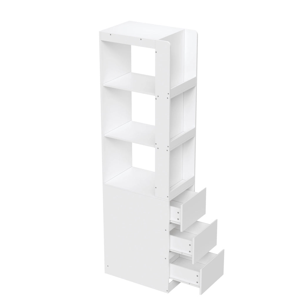 Libreria stretta con 3 ripiani aperti e 3 cassetti; reversibile; 60 x 40 x 200 cm; bianco