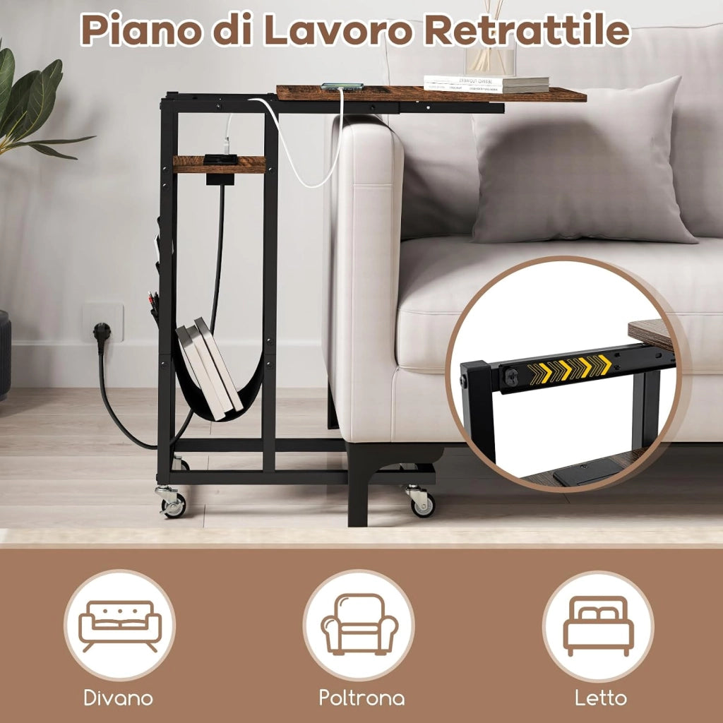 Tavolino da Salotto, Tavolino Laterale con Piano Retrattile e Prese di Corrente, Tasca per Riporre e Ruote Bloccabili, Tavolino per Soggiorno e Camera da Letto (Marrone)