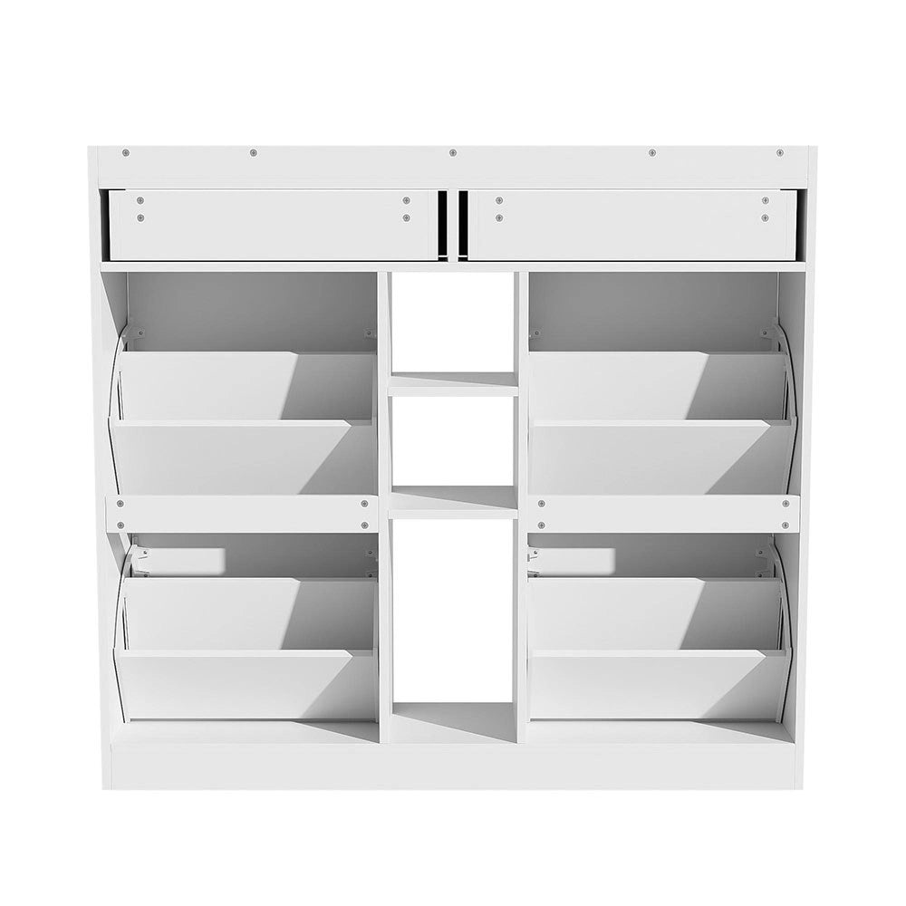 Armadietto per scarpe elegante - Xylo - 110x26x100 cm - Bianco - 4 ante battenti, 2 cassetti, 3 scomparti aperti